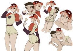 :&gt;= absurdres age_difference ass breasts fellatio flcl green_eyes hair_between_eyes handjob haruhara_haruko highres nandaba_naota nipples nude oral pink_hair shota simple_background spread_legs white_background
