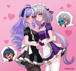 &gt;_&lt; 4girls absurdres ahoge apron belle_(zenless_zone_zero) black_dress black_pantyhose blue_hair breasts camera castorice_(honkai:_star_rail) commentary dress drill_hair eidis_scarlet english_commentary garter_straps grey_hair heart heart_background highres holding holding_camera holding_hands honkai:_star_rail honkai_(series) large_breasts long_hair maid maid_apron maid_headdress mihoyo multiple_girls pantyhose pink_background pointy_ears purple_dress purple_eyes purple_hair red_eyes short_hair stelle_(honkai:_star_rail) thighhighs trailblazer_(honkai:_star_rail) twitter_username vivian_banshee white_garter_straps white_thighhighs zenless_zone_zero