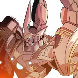 Rule 34 | 1other, artist name, commentary, commission, eiyuu densetsu, english commentary, glowing, glowing eyes, highres, kursed tea, mecha, no humans, robot, sen no kiseki (series), simple background, solo, valimar, white background