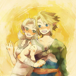 1boy 1girl bad_id bad_pixiv_id blonde_hair blue_eyes couple green_eyes hetero ilia kutta link locked_arms lowres nintendo pointy_ears the_legend_of_zelda the_legend_of_zelda:_twilight_princess