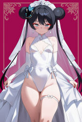 1girl absurdres blue_archive bow breasts cowboy_shot double_bun dress earrings hair_bun highres jewelry kisaki_(blue_archive) leotard long_hair momobug22 red_nails small_breasts solo standing thigh_strap twintails veil very_long_hair wedding_dress white_bow white_leotard white_veil