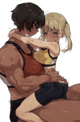 1futa 1girl blonde_hair blue_eyes breasts brown_hair carrying carrying_person dark-skinned_female dark_skin dry_humping futa_with_female futanari gym_uniform height_difference highres humping kei_(m_k) large_breasts long_hair m_k original red_eyes rika_(m_k) short_hair simple_background size_difference small_breasts sweat tall_female tan tomboy