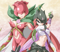 2girls bancholilimon banchou belt between_breasts breasts cape clothing_cutout delinquent digimon large_breasts lipstick makeup midriff multiple_girls navel navel_cutout rosemon thorns score:11 rating:sensitive Rule 34 | 2girls, bancholilimon, banchou, belt, between breasts, breasts, cape, clothing cutout, delinquent, digimon, large breasts, lipstick, makeup, midriff, multiple girls, navel, navel cutout, rosemon, thorns