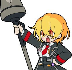 1girl arm_up black_coat black_pants blonde_hair coat collared_shirt don_quixote_(project_moon) hair_between_eyes holding holding_polearm holding_weapon kekeken lance lapels limbus_company long_sleeves necktie notched_lapels open_mouth orange_eyes pants polearm project_moon red_necktie shirt short_hair simple_background smile solo weapon white_background white_shirt