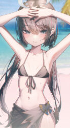 1girl absurdres alternate_costume alternate_hairstyle armpits arms_up beach bikini black_bikini black_butterfly black_hair black_sarong blue_archive blush bug butterfly closed_mouth collarbone commentary domi_(hongsung0819) fingernails flat_chest front-tie_top grey_eyes grey_halo hair_between_eyes halo highres insect kisaki_(blue_archive) light_particles long_hair looking_at_viewer low_twintails navel ocean outdoors sarong solo sweat swimsuit symbol-only_commentary twintails water