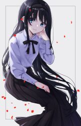 Rule 34 | 1girl, black hair, black hairband, black ribbon, black skirt, blue eyes, closed mouth, commentary request, hairband, highres, invisible chair, long hair, long sleeves, looking at viewer, neck ribbon, petals, pleated skirt, ribbon, shirt, simple background, sitting, skirt, smile, solo, tanka kikurage, tohno akiha, tsukihime, tsukihime (remake), very long hair, white background, white shirt