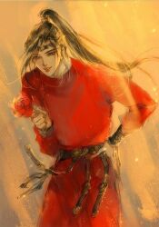 1boy alternate_costume belt black_eyes black_hair chinese_clothes circlet faux_traditional_media flower hair_ribbon hand_on_own_hip hanfu high_ponytail highres holding holding_flower ink_wash_painting kcllzas163 leaning_forward long_hair long_sleeves looking_at_viewer male_focus modao_zushi orange_background parted_lips ponytail red_flower red_hanfu red_ribbon red_rose ribbon robe rose smile solo third-party_source wei_wuxian xiao_guan_(headdress) yuanlingpao