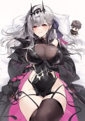 bandaged_head bandages black_crown black_tiara breasts character_doll cleavage commander_(nikke) crown doll goddess_of_victory:_nikke grey_hair highres long_hair lying modernia_(nikke) modernia_(second_affection)_(nikke) on_back red_eyes see-through_cleavage see-through_clothes shinobutti90wer tiara