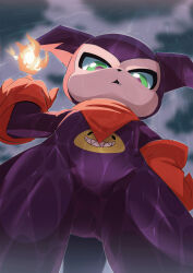 bandana bandana_around_neck cloud digimon digimon_(creature) fireball from_below gloves green_eyes highres impmon looking_at_viewer looking_down outdoors purple_fur rain red_bandana red_gloves shoru_(nion_bubble) solo