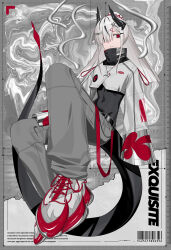 Rule 34 | 1girl, absurdres, barcode, belt, black belt, black horns, black sweater, black tail, blunt bangs, blunt ends, closed mouth, commentary, commission, covered navel, cropped jacket, distortion, dragon tail, full body, grey background, grey jacket, grey pants, grey shoes, hair over one eye, high collar, highres, horns, invisible chair, jacket, long hair, long sleeves, looking at viewer, multicolored hair, original, pants, ponytail, red eyes, shoes, signal 1120, sitting, skeb commission, sleeves past fingers, sleeves past wrists, sneakers, solo, streaked hair, sweater, tail