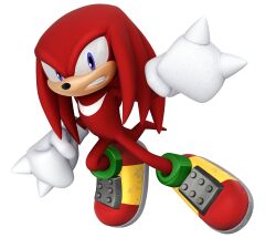 1boy 3d absurdres animal_nose arm_up body_fur clenched_hands clenched_teeth full_body furry furry_male gloves highres jumping knuckles_the_echidna long_hair looking_at_viewer male_focus multicolored_shoes official_art purple_eyes red_fur red_hair shoes sidelocks sideways_mouth simple_background solo sonic_(series) sonic_lost_world spiked_gloves tail teeth third-party_source transparent_background two-tone_fur white_fur white_gloves
