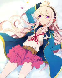 10s 1girl bad_id bad_pixiv_id belt candy female_focus food harano headphones lollipop long_hair lying mouth_hold on_back pink_hair purple_eyes skirt solo tantei_opera_milky_holmes tooyama_saku