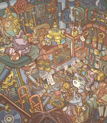 1boy absurdly_detailed_composition absurdres animal_ears aqua_eyes binoculars brown_gloves cat chibi coat crumpled_paper deerstalker fake_text gears gloves goggles goggles_on_headwear grey_cat grey_hair hat highres indoors kotobuki_koto loaded_interior looking_at_another machinery magnifying_glass maine_coon original perspective pliers ruler scenery unworn_coat
