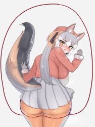 Rule 34 | 1girl, animal ears, aramaru, ass, ass mousepad, blazer, blush, extra ears, fox ears, fox girl, fox tail, gloves, grey hair, hat, highres, island fox (kemono friends), jacket, kemono friends, kemono friends v project, long hair, looking at viewer, microphone, mousepad (medium), orange hair, pantyhose, ribbon, simple background, skirt, solo, tail, virtual youtuber, yellow eyes