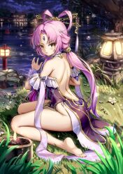 1girl ass back backless_outfit bare_shoulders barefoot blush bow-shaped_hair candle cloud cloudy_sky commentary detached_sleeves feet fii_fii_(feefeeowo) flower forehead_jewel from_behind fu_xuan_(honkai:_star_rail) grass hair_ornament hairpin highres honkai:_star_rail honkai_(series) lake lantern light_particles long_hair looking_at_viewer looking_back night night_sky outdoors parted_lips pink_hair signature sitting sky soles solo star_(sky) starry_sky stone_lantern thighs tree wariza water wooden_lantern yellow_eyes