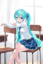 1girl aqua_eyes aqua_hair blue_necktie blue_ribbon blue_skirt blurry blurry_background cait_aron chair classroom closed_mouth commentary_request hair_between_eyes hair_ribbon hatsune_miku highres long_hair looking_at_viewer necktie official_alternate_costume on_chair plaid_clothes plaid_necktie plaid_skirt ribbon school_uniform shirt sitting skirt smile solo twintails vocaloid white_shirt white_sleeves