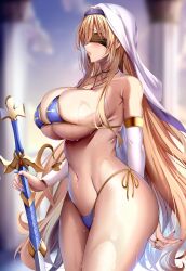 bare_shoulders bikini blonde_hair blue_bikini blue_nails blush breasts covered_eyes from_side goblin_slayer! highres holding huge_breasts kuro_(tbm9187) long_hair nail_polish navel parted_lips side-tie_bikini_bottom stomach swimsuit sword_maiden thighs underboob