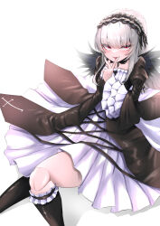 1girl absurdres black_hairband black_socks gothic_lolita hairband highres kneehighs lolita_fashion looking_at_viewer lying majinno on_back rozen_maiden salute socks solo suigintou two-finger_salute