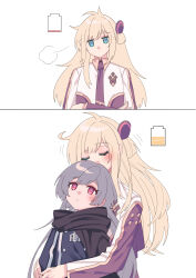 Rule 34 | 2girls, absurdres, battery indicator, black cape, black necktie, blonde hair, blue eyes, blush, cape, closed eyes, closed mouth, commentary request, emptyayya, grey hair, highres, hug, hug from behind, jacket, long hair, multiple girls, necktie, no mouth, pink eyes, sky striker ace - raye, sky striker ace - roze, smile, white jacket, yu-gi-oh!, yuri