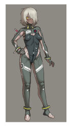 Rule 34 | 1girl, 621 (armored core vi), absurdres, armored core, armored core vi: fires of rubicon, blush, bodysuit, breasts, character name, closed mouth, commentary, commentary request, covered navel, dark-skinned female, dark skin, ebonyxh, english commentary, eyes visible through hair, freckles, full body, grey background, hair over one eye, highres, looking at viewer, mecha pilot suit, messy hair, pilot suit, pointy breasts, ringed eyes, short hair, simple background, skin tight, small breasts, solaria (ebonyxh), standing, sweat, white background, white hair, yellow eyes
