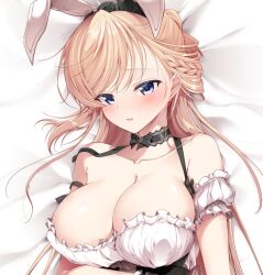 1girl alternate_costume animal_ear_hairband animal_ears araragi_ayune bare_shoulders black_choker blonde_hair blue_eyes blush bow braid breasts choker cleavage collarbone commentary detached_sleeves enmaided fake_animal_ears frilled_choker frilled_wrist_cuffs frills hairband isshiki-san_wa_koi_wo_shiritai. large_breasts long_hair looking_at_viewer lying maid merchandise_available on_back parted_lips rabbit_ear_hairband rabbit_ears rinna_milford short_sleeves solo swept_bangs symbol-only_commentary upper_body white_sleeves wrist_cuffs