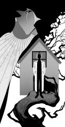 Rule 34 | 2boys, benkdjjituibot, black cloak, black eyes, branch, cartoon logic, cloak, coat, demon horns, full body, hand in pocket, highres, horns, house, kim dokja, looking at viewer, looking back, multiple boys, official alternate costume, omniscient reader&#039;s viewpoint, one eye covered, scar, scar across eye, scar on face, secretive plotter, silhouette, size difference, sun behind head, superimposition, tree, white coat, window