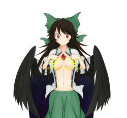 1girl abyss_arts black_wings blouse blush bow breasts brown_hair cape caution censored collared_shirt commentary_request cowboy_shot feathered_wings female_focus green_bow green_skirt groin hair_bow large_breasts long_hair looking_down navel no_bra open_clothes open_mouth open_shirt radiation_symbol red_eyes reiuji_utsuho shirt simple_background skirt solo starry_sky_print surprised third_eye touhou unworn_clothes white_background white_cape white_shirt wings