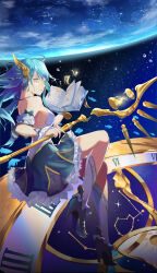 1girl absurdres backless_dress backless_outfit bare_shoulders blue_eyes blue_hair book detached_sleeves dress frilled_dress frilled_wrist_cuffs frills green_dress green_shoes hair_ornament high_heels highres holding holding_book holding_staff hourglass kneehighs long_hair magical_girl open_book original planet roman_numeral sato_sugar shoes sleeveless sleeveless_dress socks solo space staff white_dress white_socks wrist_cuffs