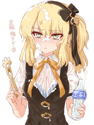 1girl :t absurdres ameneko_kuro anger_vein blonde_hair blue_bra bottle bow bowtie bra breasts character_request cleavage closed_mouth commentary_request glass_bottle green_eyes highres holding holding_bottle long_hair medium_breasts one_side_up orange_bow orange_bowtie puzzle_&amp;_dragons sexually_suggestive shirt short_sleeves solo tearing_up translation_request underwear upper_body wet wet_clothes wet_shirt white_shirt