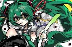 1girl :o bare_shoulders cable detached_sleeves food green_eyes green_hair green_necktie hanaseto hatsune_miku headset highres holding holding_food holding_spring_onion holding_vegetable looking_at_viewer necktie parted_lips solo spring_onion twintails vegetable vocaloid