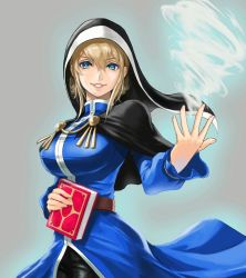 1girl anagumasan belt blonde_hair blue_eyes book capelet female_focus goeniko holding holding_book long_sleeves priestess snk solo the_king_of_fighters wind