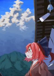 absurdres bow cloud cloudy_sky from_side hair_bow highres mountain nibositaberu outdoors red_eyes red_hair ribbon-trimmed_bow ribbon_trim sekibanki sky touhou