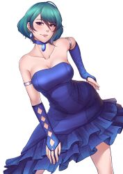 Rule 34 | absurdres, ahoge, asymmetrical hair, blue dress, blueriest, commission, cowboy shot, dead or alive, dead or alive 6, dead or alive xtreme, dead or alive xtreme venus vacation, dress, green eyes, green hair, highres, leaning forward, mole, mole under eye, multicolored hair, red streaks, streaked hair, tamaki (doa)