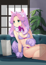 1girl ahoge animal_ears animal_hands bikini blush bow bow_bikini breasts cat_ears closed_mouth commentary couch day fang fang_out flower fur_collar gloves green_eyes hair_flower hair_ornament hairband hanami_kotoha indoors kazuma_muramasa lips long_hair mahou_girls_precure! parted_bangs paw_gloves pillow pink_hair plant potted_plant precure purple_bikini purple_bow sidelocks sitting skindentation small_breasts smile solo swimsuit unfinished window