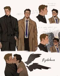 2boys angel angel_wings beard_stubble black_hair black_robe black_wings blonde_hair blue_eyes blush cassock castiel clerical_collar closed_eyes coat couple cropped_legs cropped_torso dean_winchester english_text eye_contact facial_hair freckles frijolebean green_eyes hand_in_pocket highres kiss looking_at_another male_focus mature_male multiple_boys priest robe short_hair simple_background smile speech_bubble stubble supernatural_(tv_series) trench_coat upper_body white_background wings yaoi