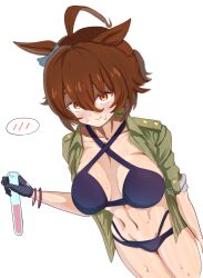 Rule 34 | 1girl, agnes tachyon (lunatic lab) (umamusume), agnes tachyon (umamusume), ahoge, animal ears, bikini, black bikini, black gloves, breasts, brown eyes, brown hair, commentary, cowboy shot, criss-cross halter, ear ornament, gloves, green jacket, grin, groin, hair between eyes, halterneck, highres, horse ears, horse girl, horse tail, huge ahoge, itsuyoitsuyo, jacket, midriff, navel, official alternate costume, official alternate hairstyle, ponytail, short ponytail, shorts, single glove, smile, solo, spoken blush, swimsuit, tail, tied jacket, translation request, umamusume
