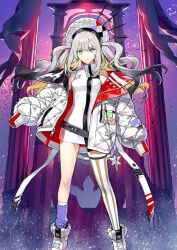 1girl arm_at_side asymmetrical_legwear black_hair breasts closed_mouth colored_tips dress expressionless fate/grand_order fate_(series) feet_out_of_frame floating_hair game_cg ginka_sima gradient_hair guillotine hand_up hat high_collar jacket kneehighs legs_apart long_hair looking_at_viewer marie_antoinette_(fate) marie_antoinette_alter_(fate) marie_antoinette_alter_(first_ascension)_(fate) mismatched_legwear multicolored_hair off_shoulder official_art open_clothes open_jacket padded_jacket purple_socks shoes short_dress sidelocks sleeveless sleeveless_dress sleeves_past_fingers sleeves_past_wrists small_breasts socks solo standing thighhighs third-party_source twintails two-sided_fabric two-sided_jacket uneven_legwear unzipped white_dress white_hair white_hat white_jacket white_shoes white_thighhighs yellow_eyes zipper zipper_pull_tab