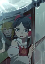 2girls absurdres bare_shoulders black_eyes black_hair black_vest blonde_hair bow braid detached_sleeves hair_between_eyes hair_tubes hakurei_reimu highres kirisame_marisa looking_at_viewer multiple_girls neckerchief open_mouth rain red_bow red_neckerchief red_shirt shi_chimi shirt short_sleeves touhou vest water_drop white_shirt yellow_eyes