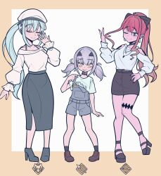3girls baobhan_sith_(fate) blush closed_eyes earrings fate/grand_order fate_(series) full_body green_eyes hat high_heels highres jewelry long_hair low_twintails lrl23wznet74220 melusine_(fate) morgan_le_fay_(fate) multiple_girls pink_hair pointy_ears ponytail shoes skirt smile socks tongue tongue_out twintails white_hair yellow_eyes