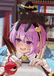 Rule 34 | 1girl, absurdres, animal, animal on head, black cat, black hairband, black hat, blue shirt, blurry, blush, book, bookshelf, bow, buttons, cat, closed mouth, clothed animal, collared shirt, commentary request, depth of field, eyeball, frilled shirt collar, frilled sleeves, frills, green eyes, hair ornament, hairband, hat, hat bow, heart, heart button, heart hair ornament, highres, holding, holding quill, indoors, komeiji koishi, komeiji koishi (cat), komeiji satori, on head, open mouth, pink hair, pink nails, purple eyes, quill, ribbon-trimmed collar, ribbon trim, shirt, siblings, sisters, smile, soo kazahana, textless version, third eye, touhou, wide sleeves, writing, yellow bow