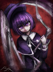 1girl artist_name bandaged_hand bandages bob_cut capelet expressionless franken_fran hat holding holding_weapon jitome long_sleeves madaraki_veronica making-of_available mechanical_arms purple_eyes purple_hair ray-k scythe short_hair signature single_mechanical_arm solo stitched_face stitches weapon