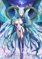 1girl absurdly_long_hair aqua_nails arm_at_side black_panties black_shrug blue_hair blue_tattoo bra braid breasts bright_pupils closed_mouth expressionless fate/grand_order fate_(series) floating_hair full_body game_cg groin hair_between_eyes hand_on_own_chest hand_up highleg highleg_panties huge_horns large_breasts long_hair long_hair_between_eyes long_sidelocks long_sleeves looking_at_viewer navel official_art panties pink_eyes pointy_ears pubic_tattoo shrug_(clothing) sidelocks solo standing stomach symbol-shaped_pupils tail tassel tattoo third-party_source tiamat_(fate) tiamat_(third_ascension)_(fate/grand_order) underwear very_long_hair white_bra white_pupils x-shaped_pupils yamanaka_kotetsu