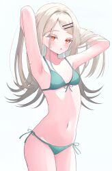 Rule 34 | 1girl, absurdres, adjusting hair, armpits, bare arms, bare shoulders, bikini, blonde hair, breasts, cowboy shot, gakuen idolmaster, green bikini, hair ornament, hairclip, halterneck, highres, idolmaster, long hair, looking at viewer, navel, open mouth, parallel hairclips, shinosawa hiro, simple background, sirotuki ito, small breasts, solo, standing, stomach, straight hair, swimsuit