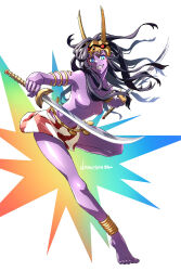 1girl anklet armlet barefoot black_hair blue_eyes breasts collarbone colored_skin dual_wielding eyelashes full_body gold_belt grin highres holding holding_sword holding_weapon jewelry leg_up long_hair long_legs medium_breasts miniskirt navel no_nipples pointy_ears purple_skin red_skirt sharp_teeth shin_megami_tensei shinabita_nasubi skirt smile solo standing standing_on_one_leg sword teeth topless_female two-tone_skirt weapon white_skirt yaksini_(megami_tensei)