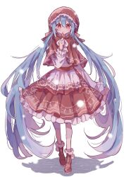 1girl alternate_costume apron blue_hair blush boots bow bowtie capelet commentary_request frilled_skirt frills full_body futaba969649 hatsune_miku hood hooded_capelet long_hair long_sleeves looking_at_viewer red_boots red_capelet red_eyes red_skirt shirt simple_background skirt solo standing twintails very_long_hair vocaloid waist_apron white_apron white_background white_bow white_bowtie white_shirt