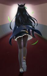 1girl animal_ears black_coat black_hair black_pantyhose black_shirt black_skirt coat ear_tag earrings frilled_skirt frills highres horse_ears horse_girl horse_tail jewelry long_hair long_sleeves manhattan_cafe_(umamusume) multicolored_hair pantyhose pleated_skirt sango0707315 shirt shoes single_earring skirt solo tail umamusume very_long_hair walking white_hair white_shoes
