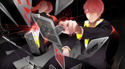 2boys ace_(playing_card) ace_of_spades black_background black_jacket black_pants blood blood_spray card chair character_request clone closed_mouth collared_shirt crossed_bangs crossed_legs expressionless feet_out_of_frame floating_card hair_between_eyes hands_on_own_face holding holding_card impaled jacket kanamura_ren layered_sleeves lips lipstick long_sleeves looking_at_object magician&#039;s_operation_(vocaloid) makeup male_focus multiple_boys nostrils office_chair on_chair one_eye_covered orange_eyes pants playing_card red_hair red_lips shirt short_hair sitting spade_(shape) swivel_chair two-tone_shirt vocaloid white_shirt yellow_shirt