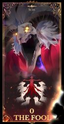 1boy absurdres commentary_request creature_and_personification english_text extra_eyes goat_horns highres horns looking_at_viewer male_focus open_mouth outstretched_arms personification scar_(wuthering_waves) sheep shigureszku solo tarot the_fool_(tarot) white_hair wuthering_waves yellow_eyes