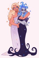 2girls blonde_hair blue_hair colored_skin commentary disney dress eyeshadow fiery_hair fire genderswap hades_(disney) hair_between_eyes hercules_(1997_movie) highres juanmao long_hair makeup multiple_girls short_hair simple_background very_long_hair yellow_eyes zeus_(disney)