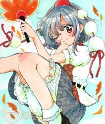 1girl autumn_leaves black_hair black_shoes black_skirt bloomers blush closed_mouth frilled_socks frills hand_fan hat highres holding holding_fan knee_blush knees leaf leaf_print light_smile muzukite one_eye_closed pom_pom_(clothes) red_eyes shameimaru_aya shirt shoes skirt sky socks tengu tokin_hat touhou underwear watermark white_shirt white_socks